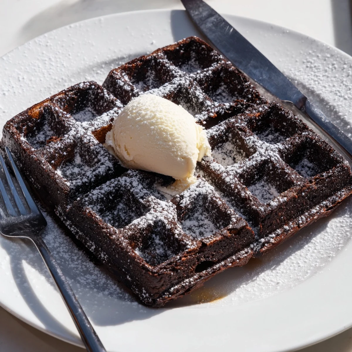 Fudgy Brownie Waffles with crisp golden edges drizzled in melted chocolate sauce