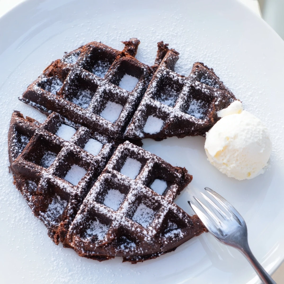 Freshly cooked Fudgy Brownie Waffles showing a rich chewy cocoa center with powdered sugar