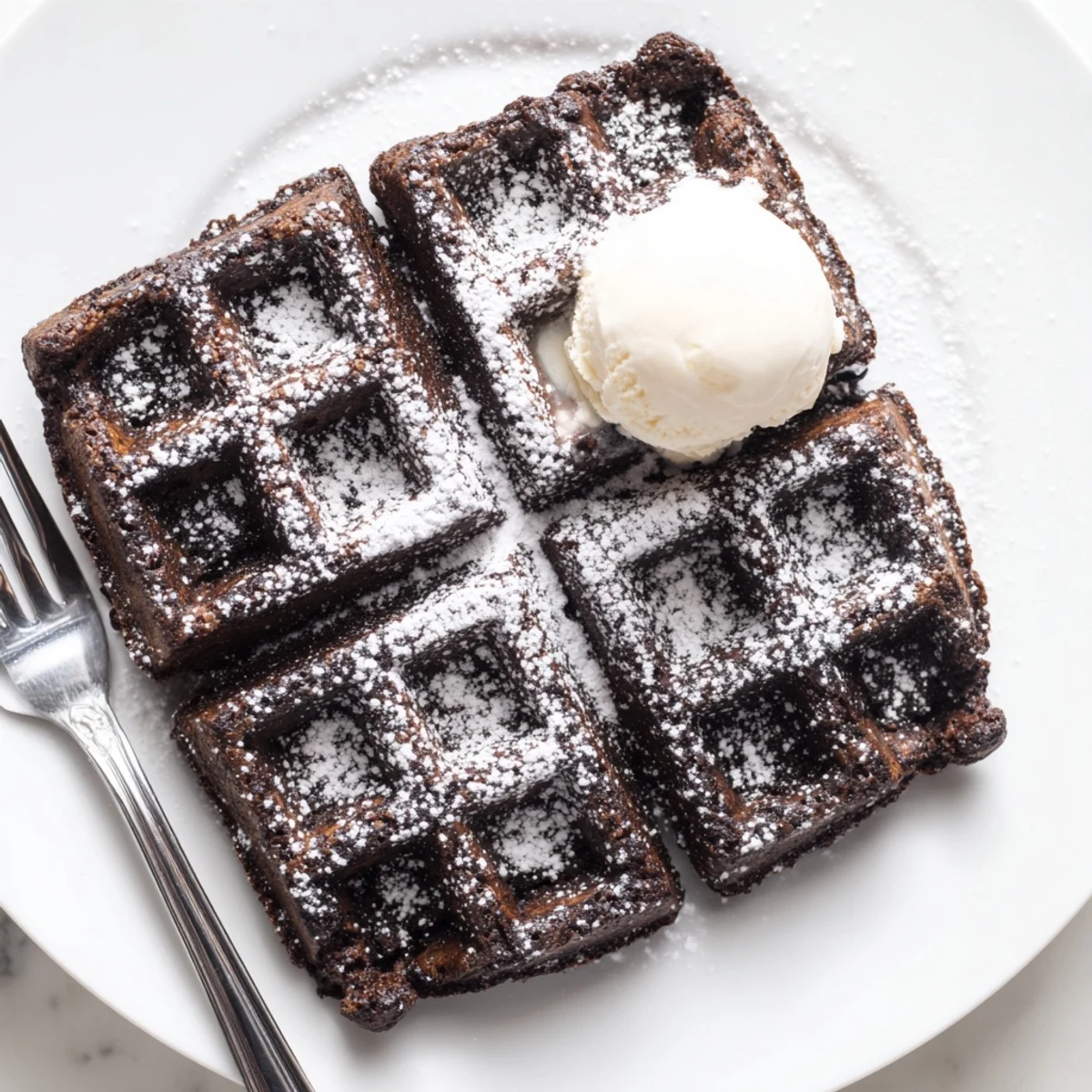 Warm Fudgy Brownie Waffles stacked on a plate topped with vanilla ice cream
