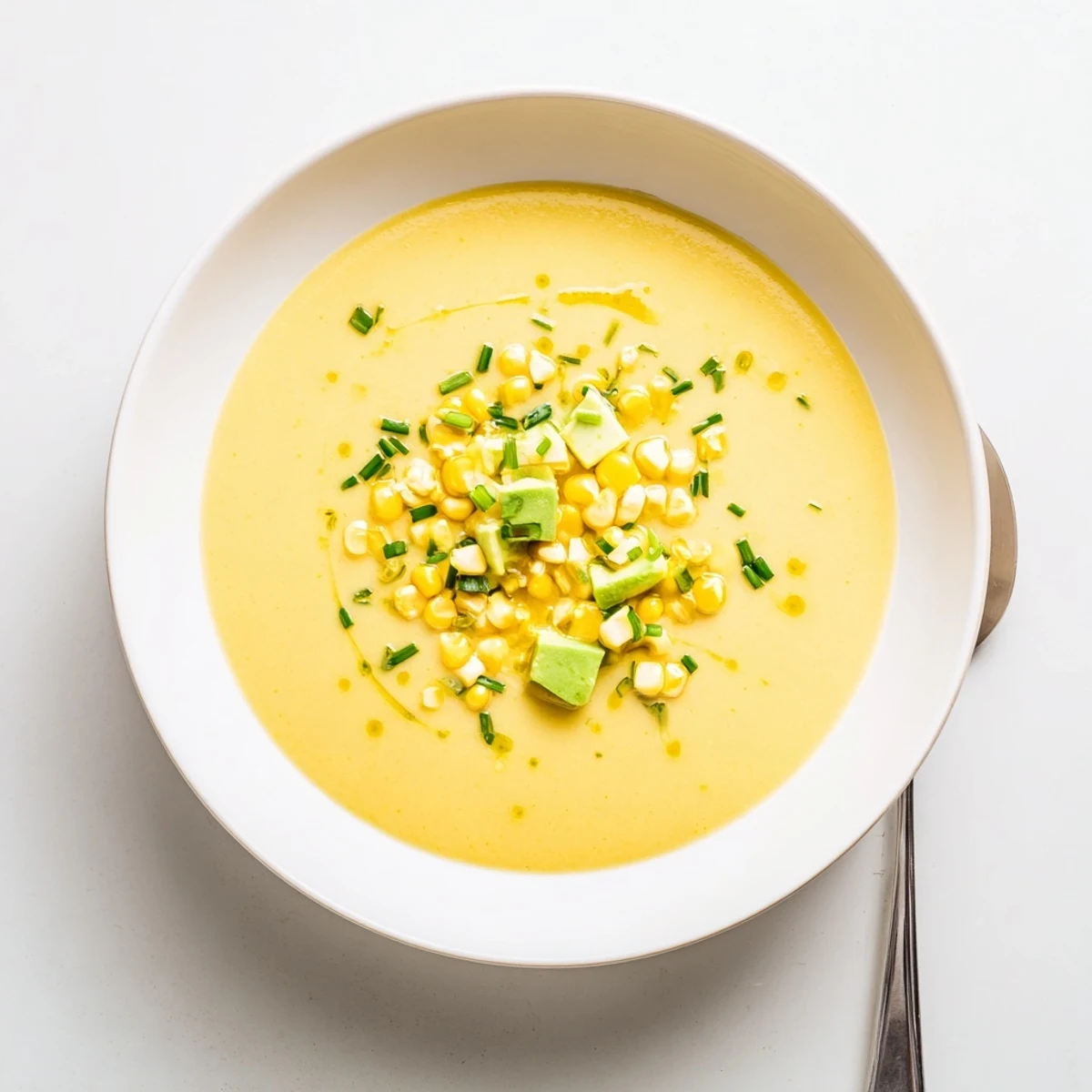 Golden summer sweet corn gazpacho garnished with raw corn kernels and a drizzle of olive oil