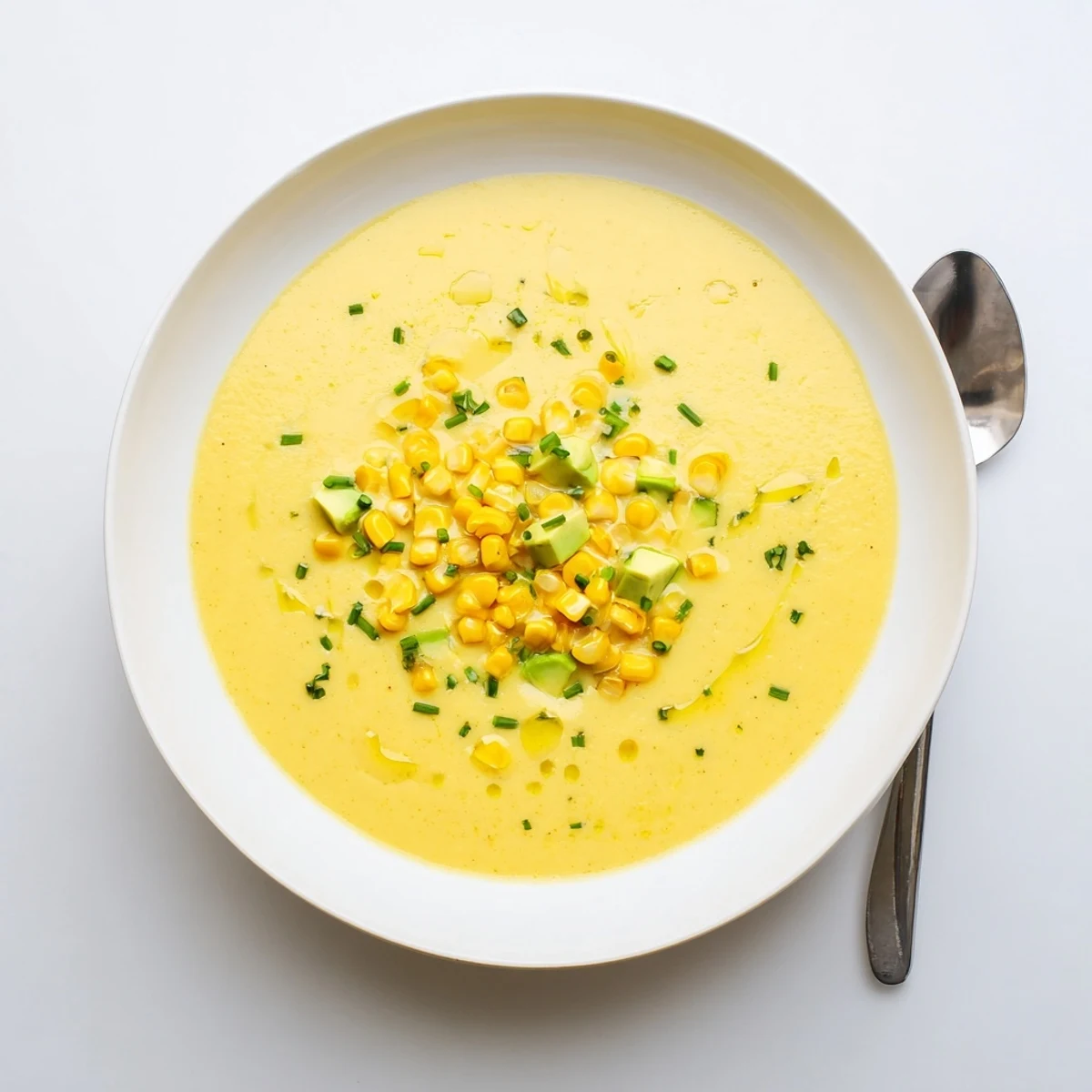 Creamy summer sweet corn gazpacho served in a bowl with avocado and fresh chives