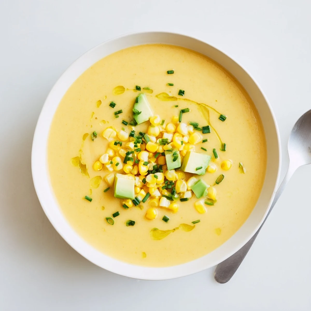 Chilled summer sweet corn gazpacho poured into shallow bowls topped with diced ripe avocado