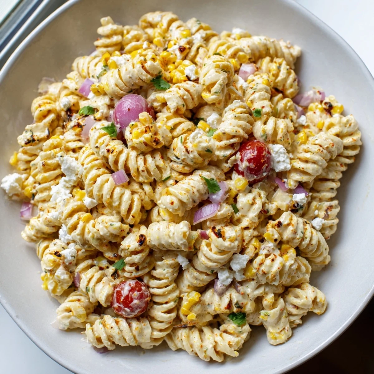 Creamy elote pasta salad with charred corn, crumbled cotija, and fresh cilantro in a rustic bowl