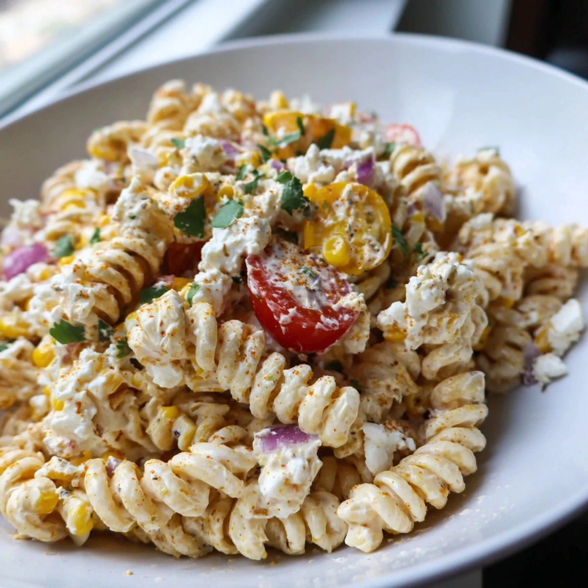 Elote pasta salad tossed in smoky chili-lime dressing with juicy tomatoes and roasted corn kernels