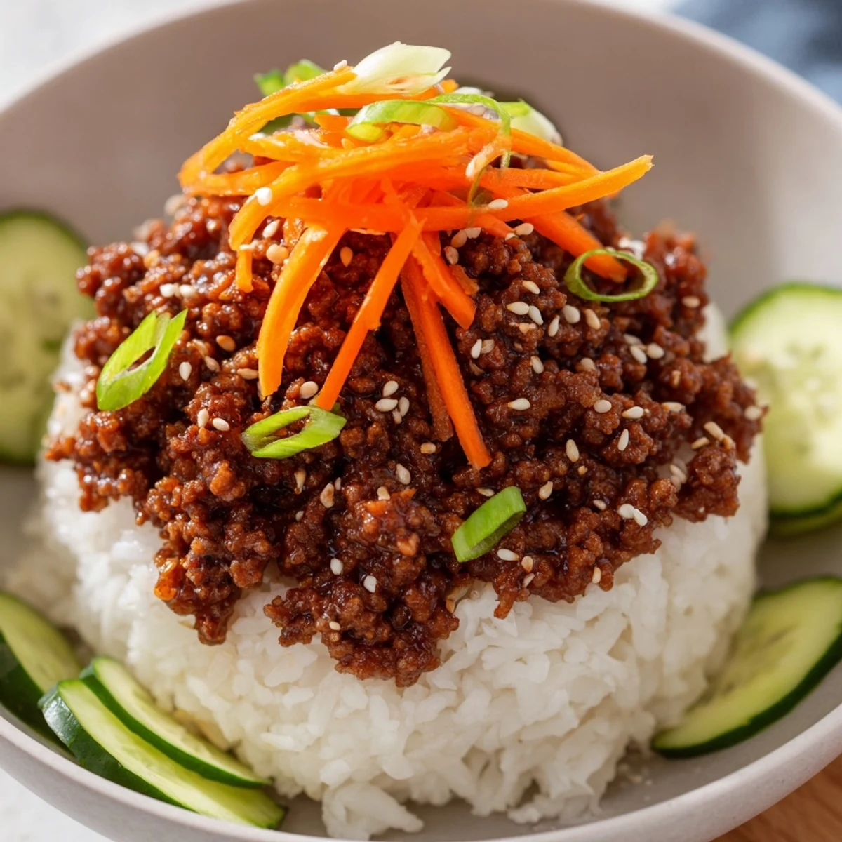 Steaming bowl of Korean ground beef garnished with julienned carrots, cucumber, and scallions.