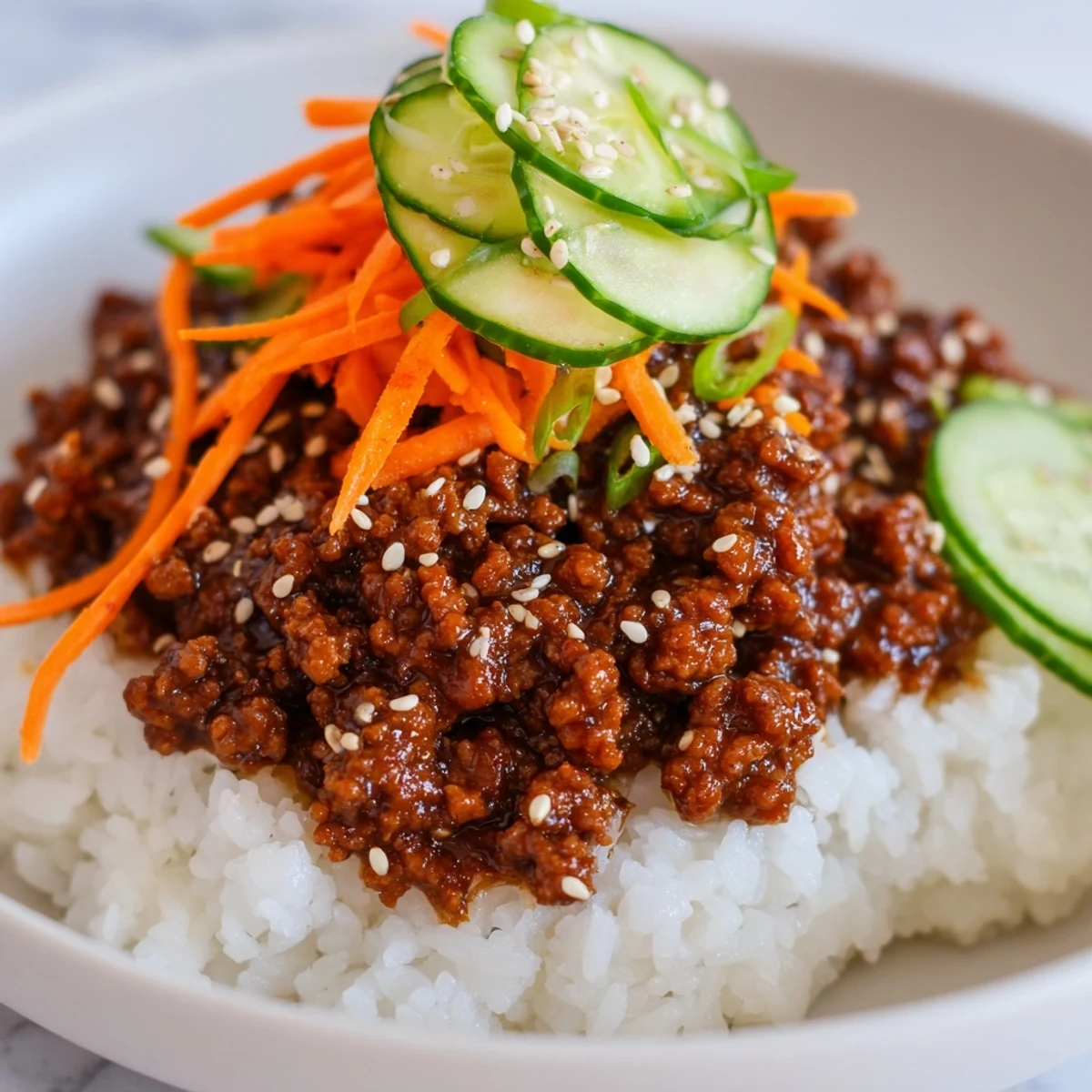A Korean ground beef bowl with glistening sesame-topped meat over fluffy white rice.