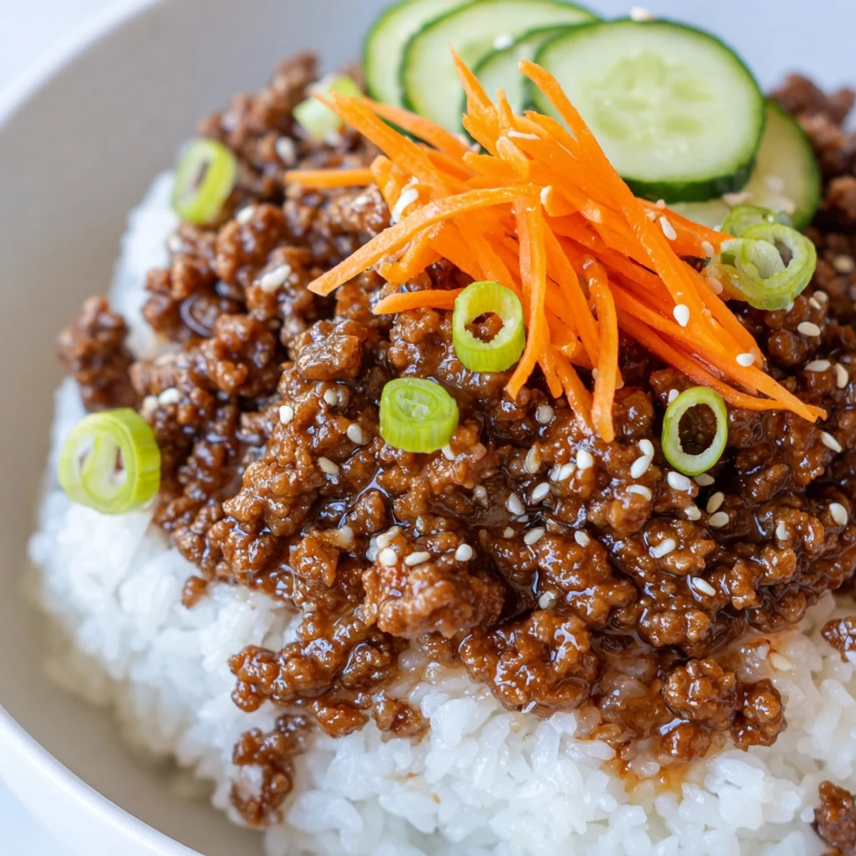 Savory Korean ground beef bowl served over rice with colorful fresh vegetable toppings.
