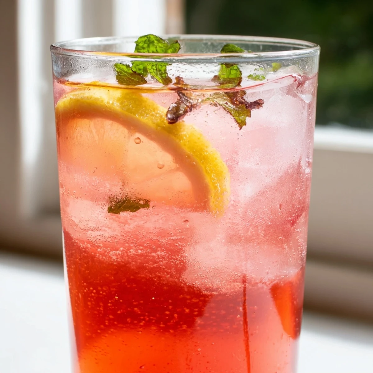 A glass of honey lemon pink soda garnished with fresh mint and lemon slices
