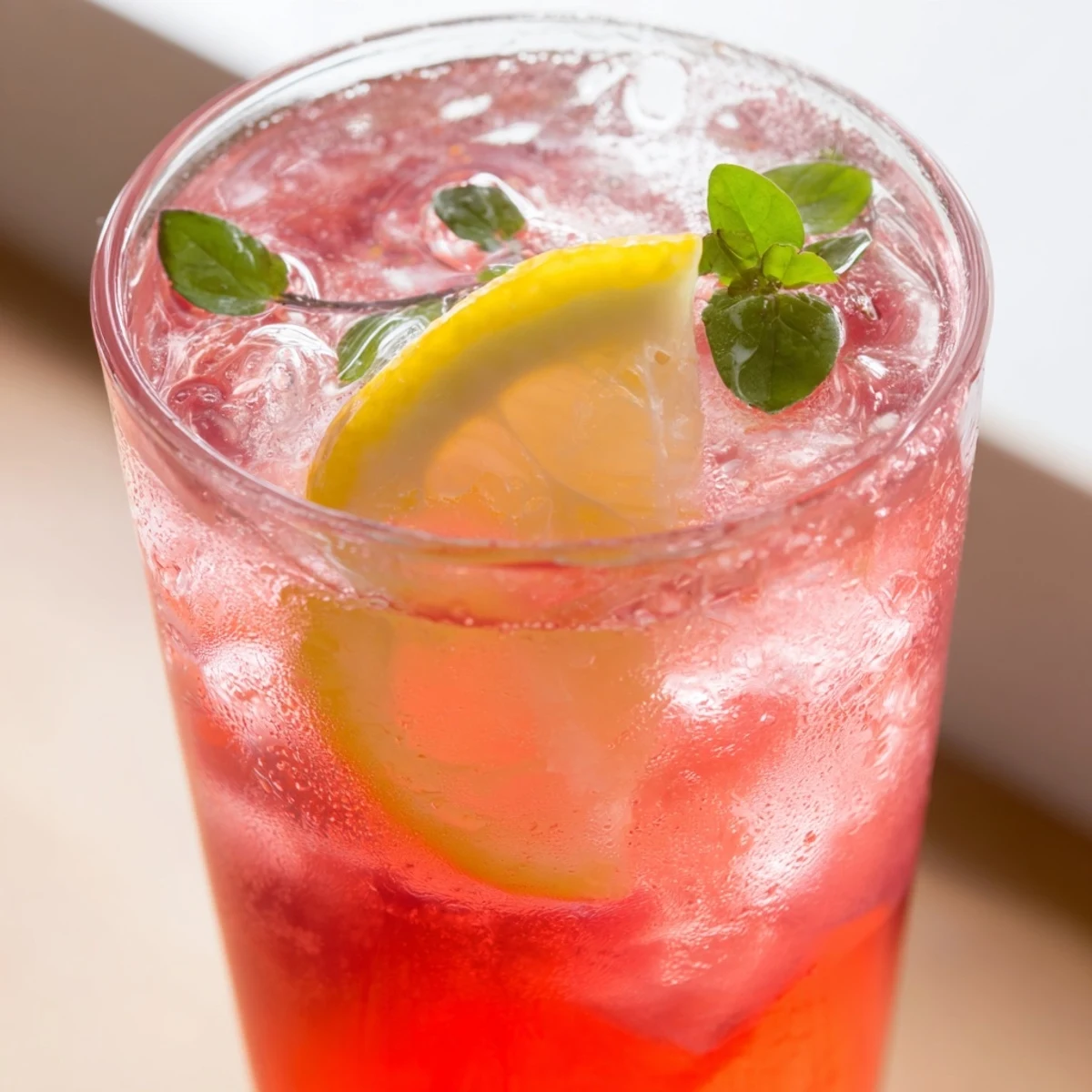 Chilled honey lemon pink soda in ice-filled glasses sparkling at a summer table