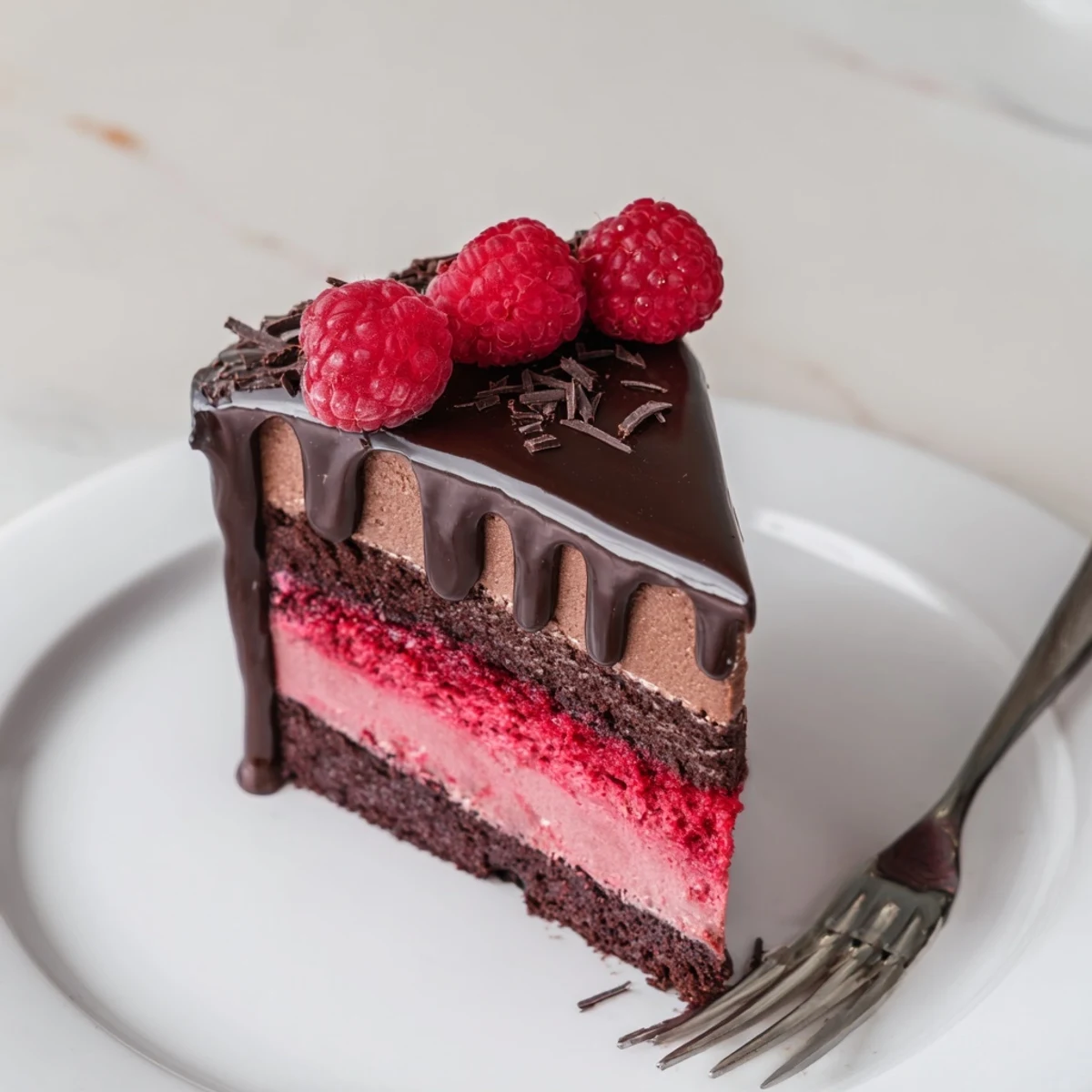 Heavenly Raspberry Chocolate Mousse Cake with glossy ganache dripping over fresh berries
