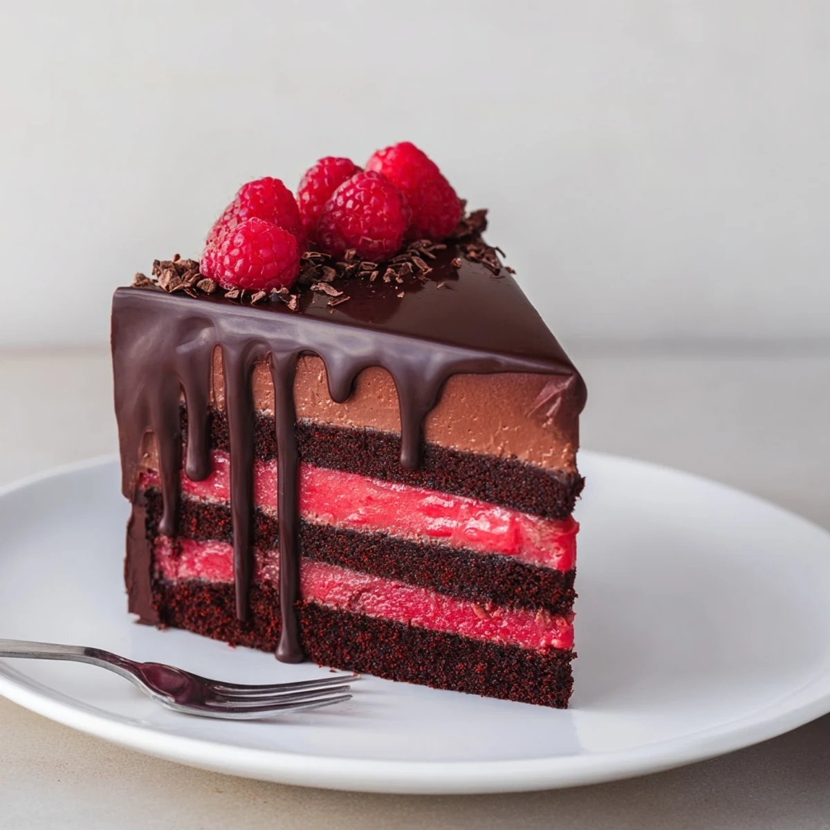 Silky layers of Heavenly Raspberry Chocolate Mousse Cake sliced on a dessert plate
