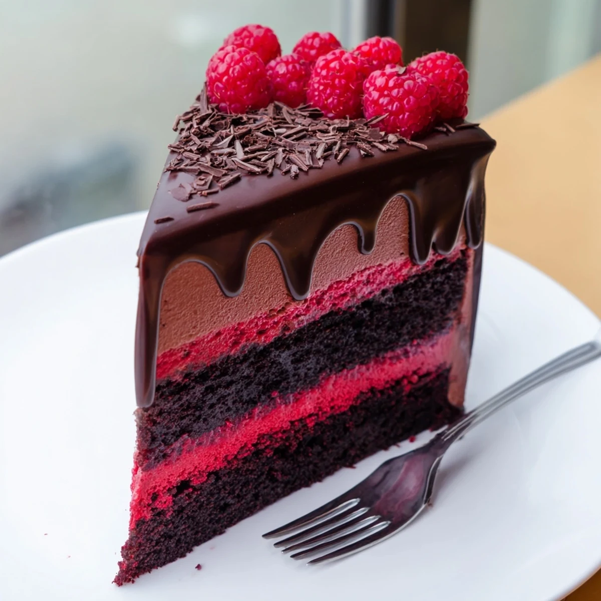 Heavenly Raspberry Chocolate Mousse Cake crowned with vibrant berries and dark chocolate shavings