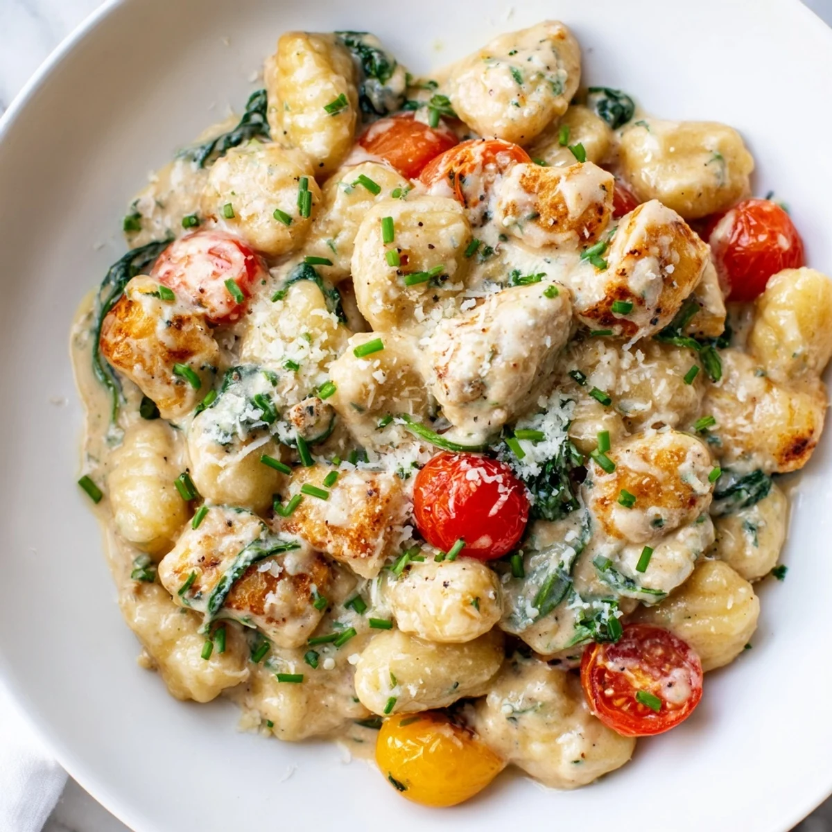 Creamy herb chicken gnocchi skillet bubbling with golden seared chicken and wilted spinach