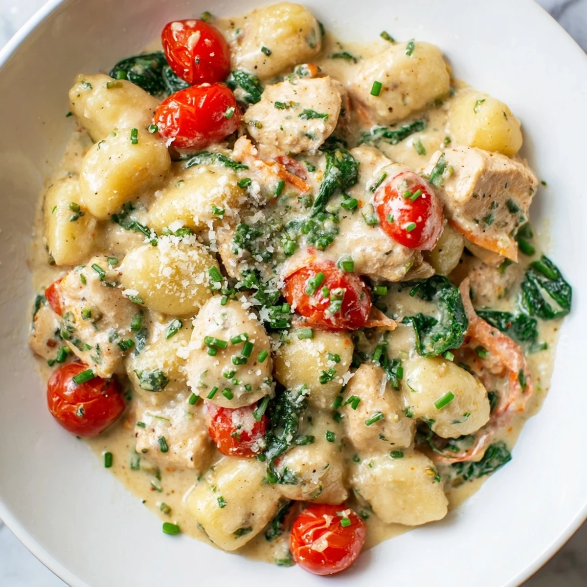 A creamy herb chicken gnocchi skillet topped with fresh basil and Parmesan