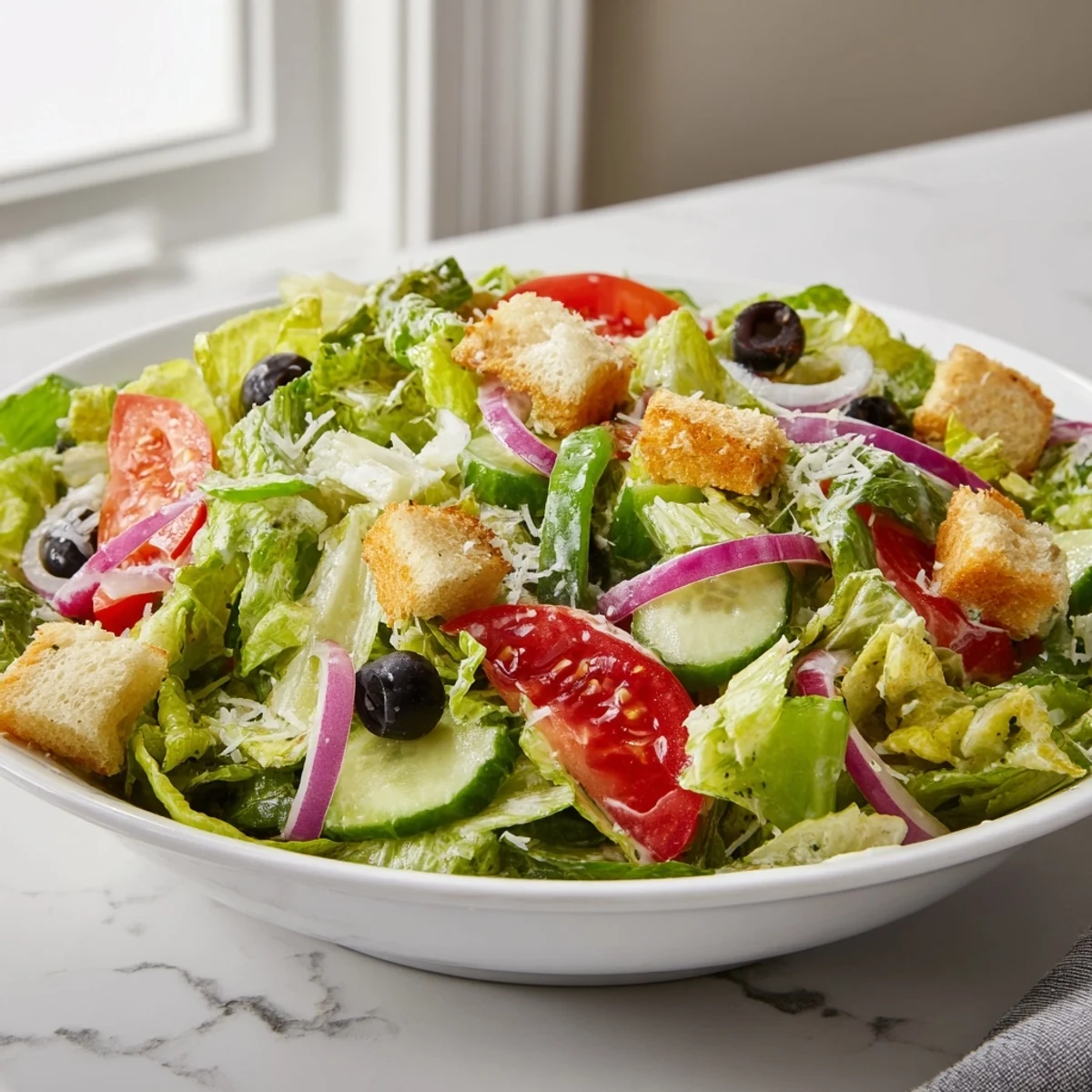 Crisp Olive Garden salad topped with croutons, Parmesan, and tangy Italian dressing.