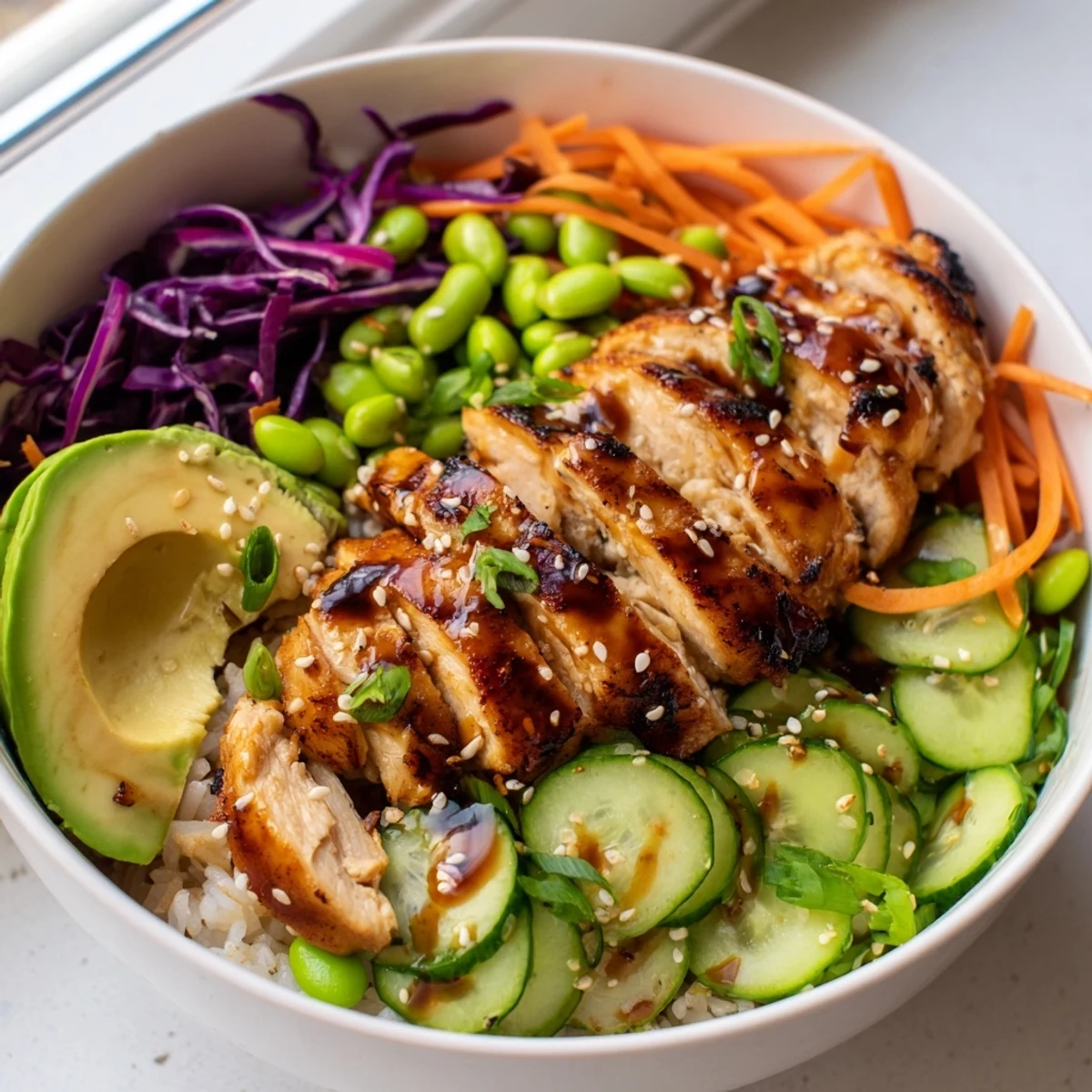 Colorful Asian Inspired Chicken Power Bowl with sesame glazed chicken and fresh crisp vegetables over brown rice