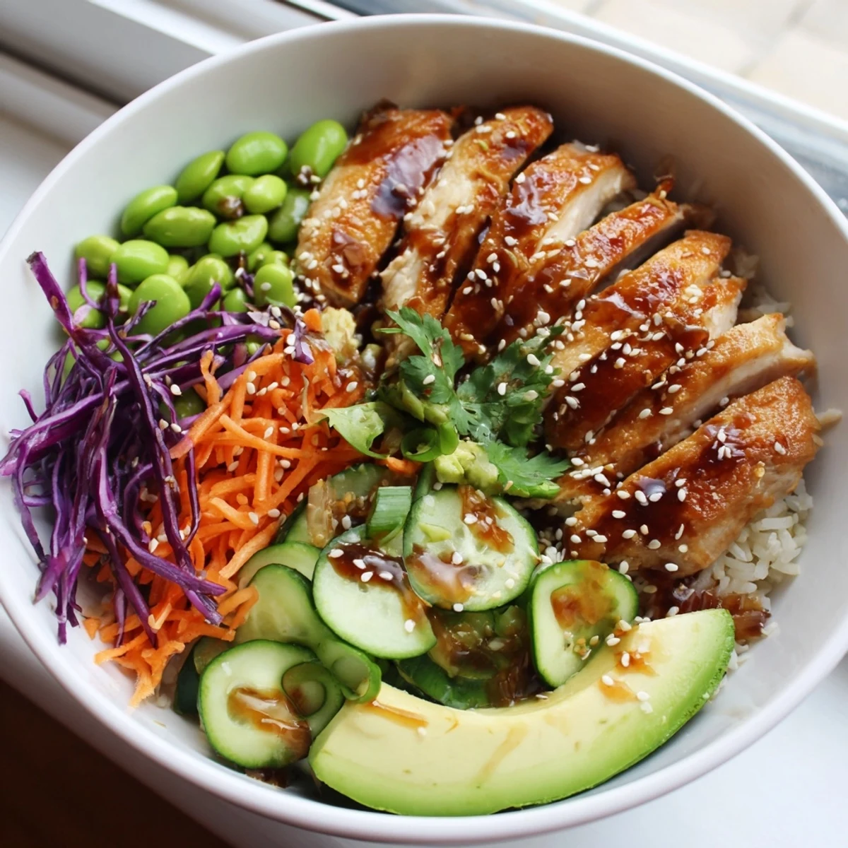 Steaming Asian Inspired Chicken Power Bowl drizzled with tangy ginger dressing beside sliced avocado and edamame