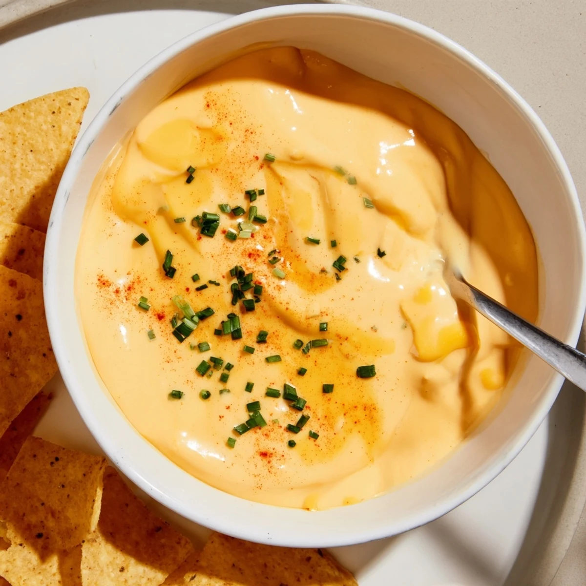 Warm cheese dip in a rustic bowl surrounded by crispy tortilla chips