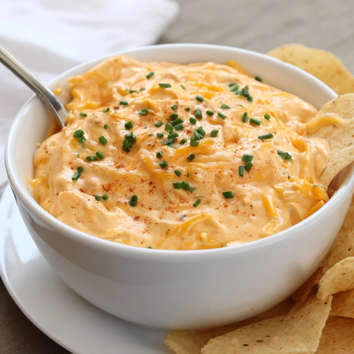 Creamy cheddar cheese dip topped with fresh chives and smoked paprika