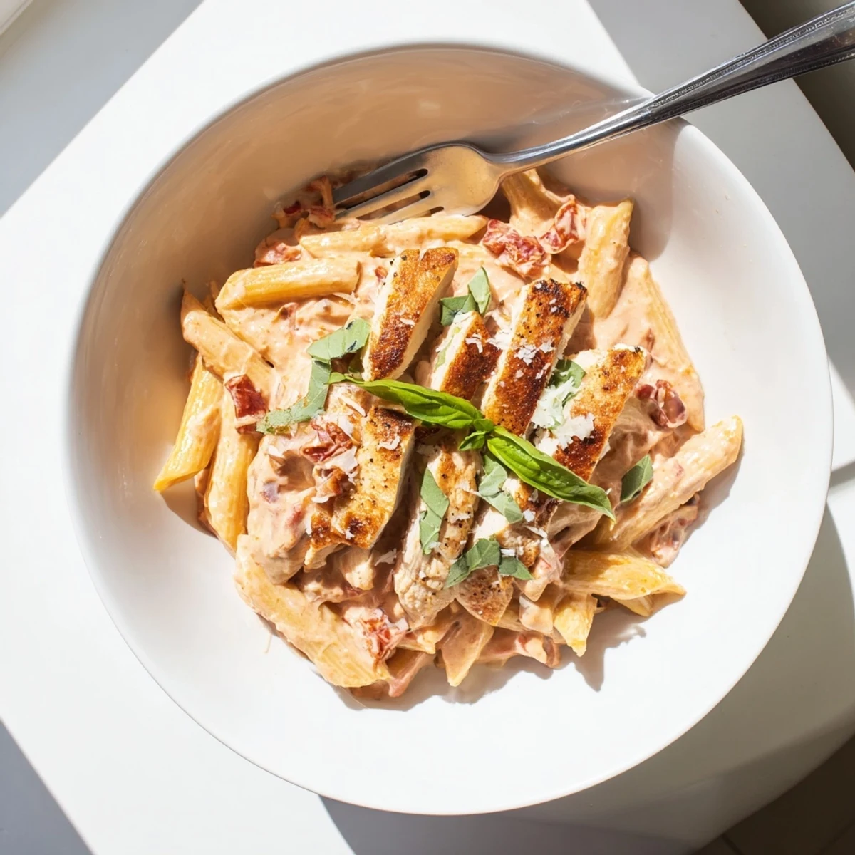Creamy Sun Dried Tomato Marry Me Chicken Pasta topped with fresh basil