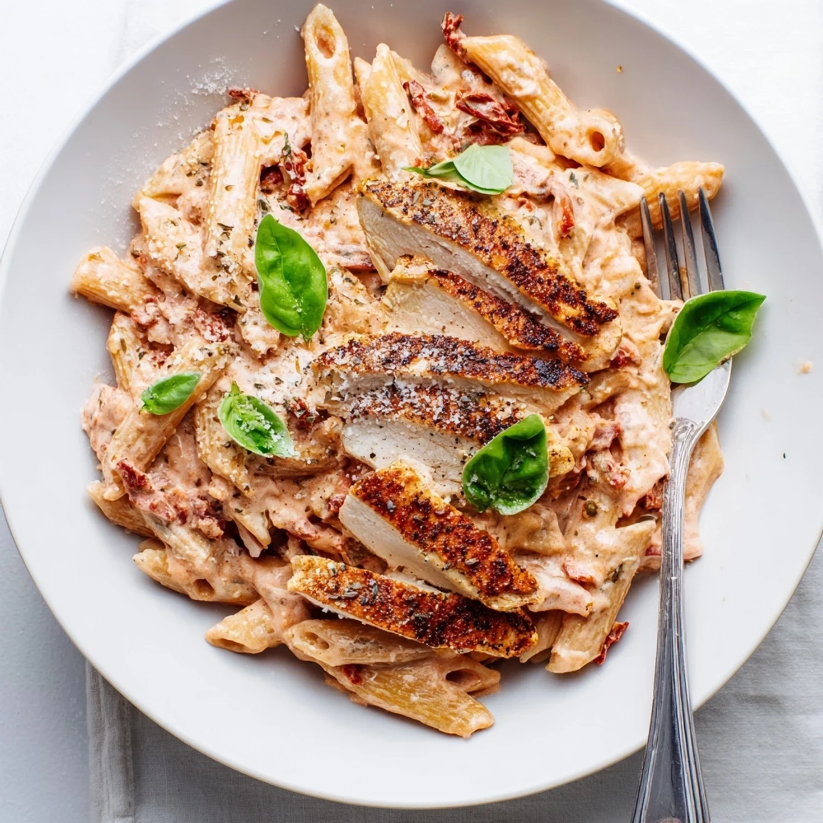 Steaming bowl of Copycat Sun Dried Tomato Marry Me Chicken Pasta with Parmesan