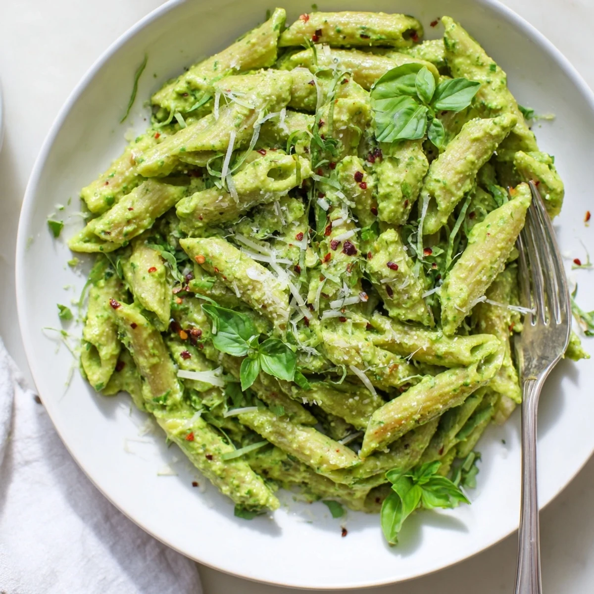 Creamy green goddess pasta sauce coats tangled spaghetti in a bright white bowl