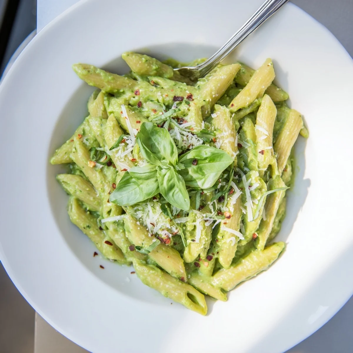 Vibrant green goddess pasta sauce served over penne with fresh basil garnish