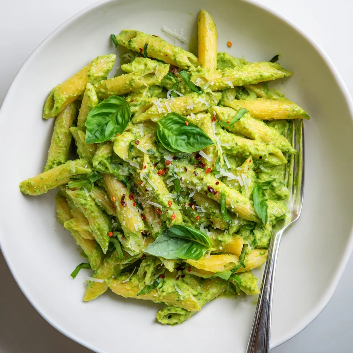 Silky green goddess pasta sauce tossed with noodles and sprinkled Parmesan cheese