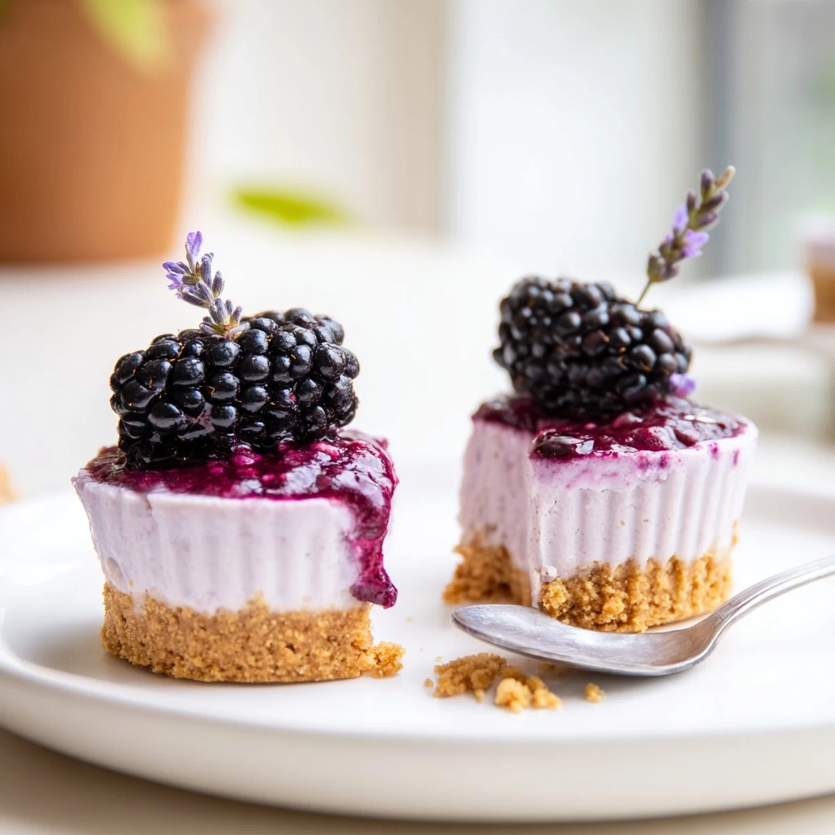 Creamy No Bake Mini Blackberry Lavender Cheesecakes topped with glossy berry sauce