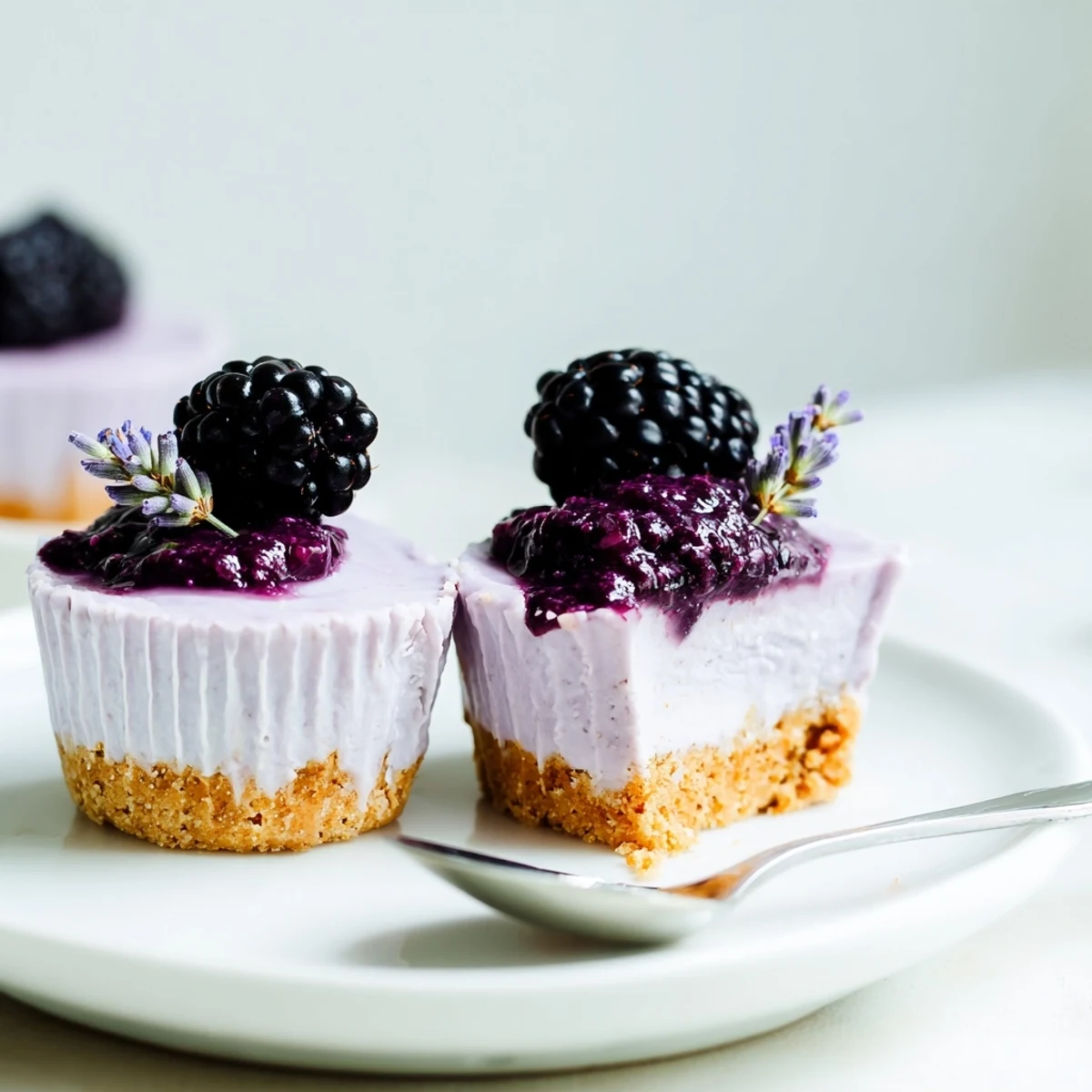 Silky lavender-infused filling sits atop a buttery graham crust in these Creamy No Bake Mini Blackberry Lavender Cheesecakes