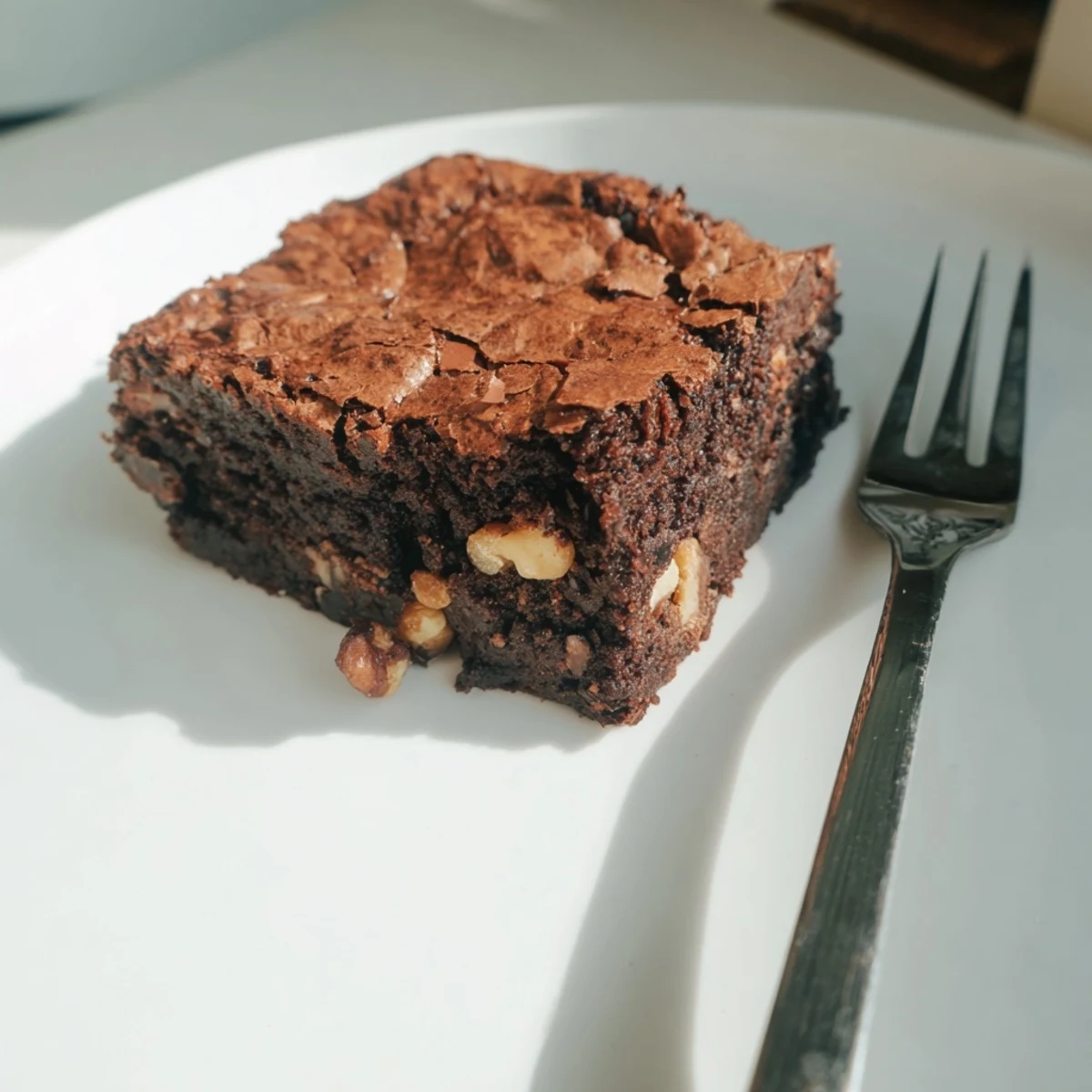 Thick ultimate brownies studded with walnut pieces dusted with dark cocoa powder