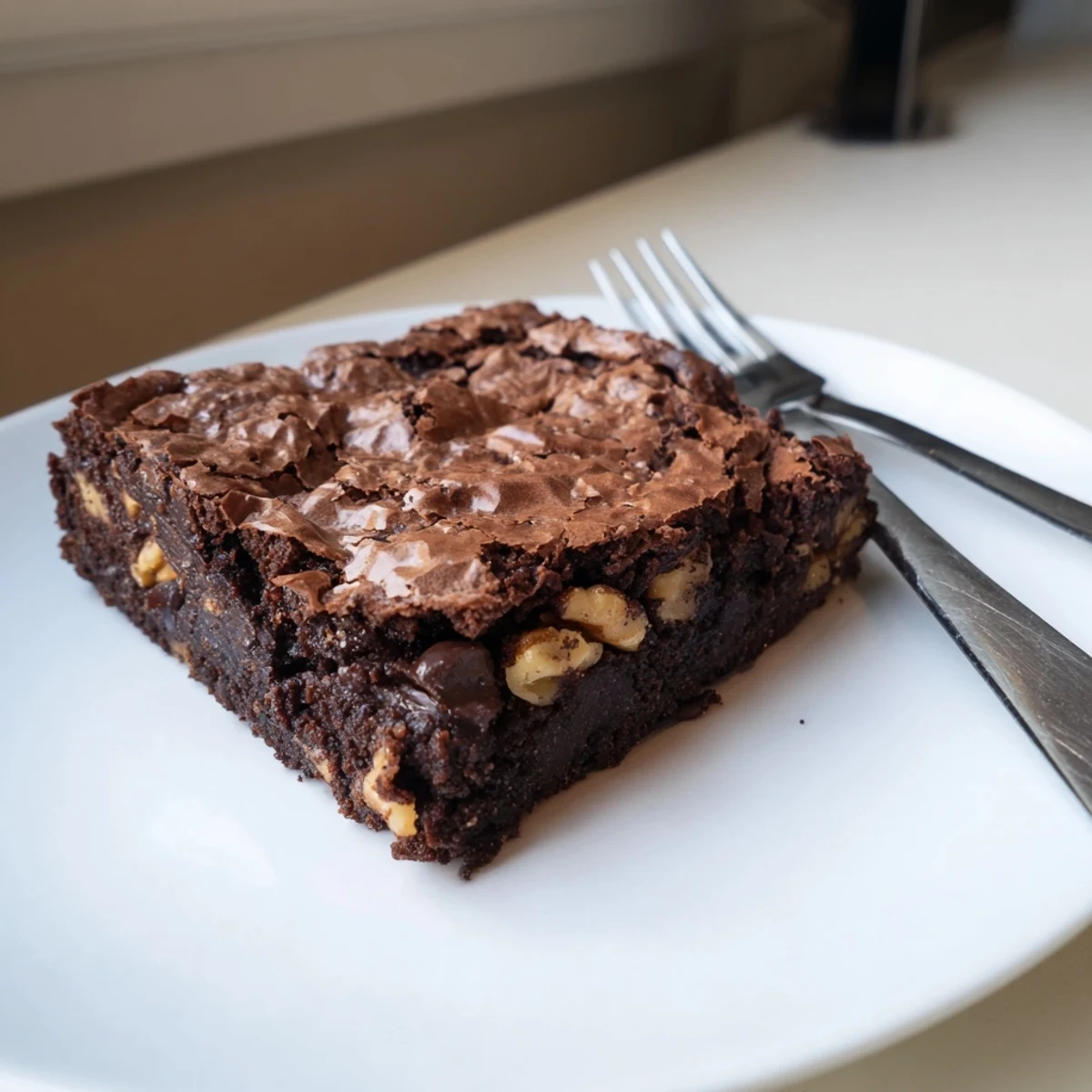 Warm ultimate brownies served on a plate with velvety chocolate centers inside