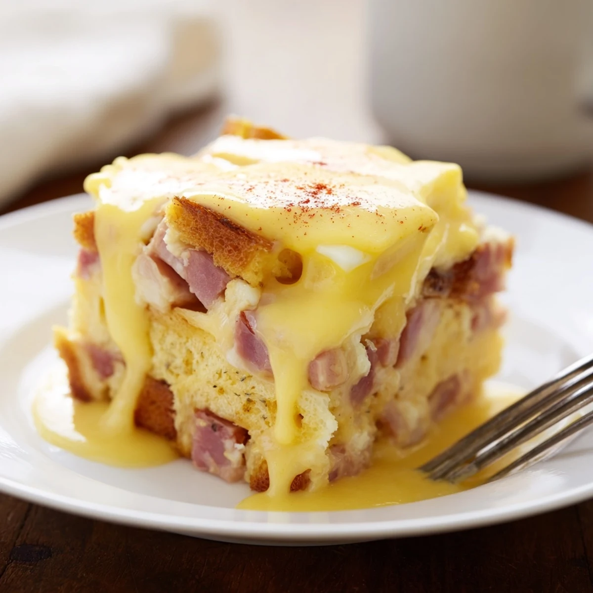 Golden baked Eggs Benedict Casserole topped with creamy hollandaise in a rustic dish