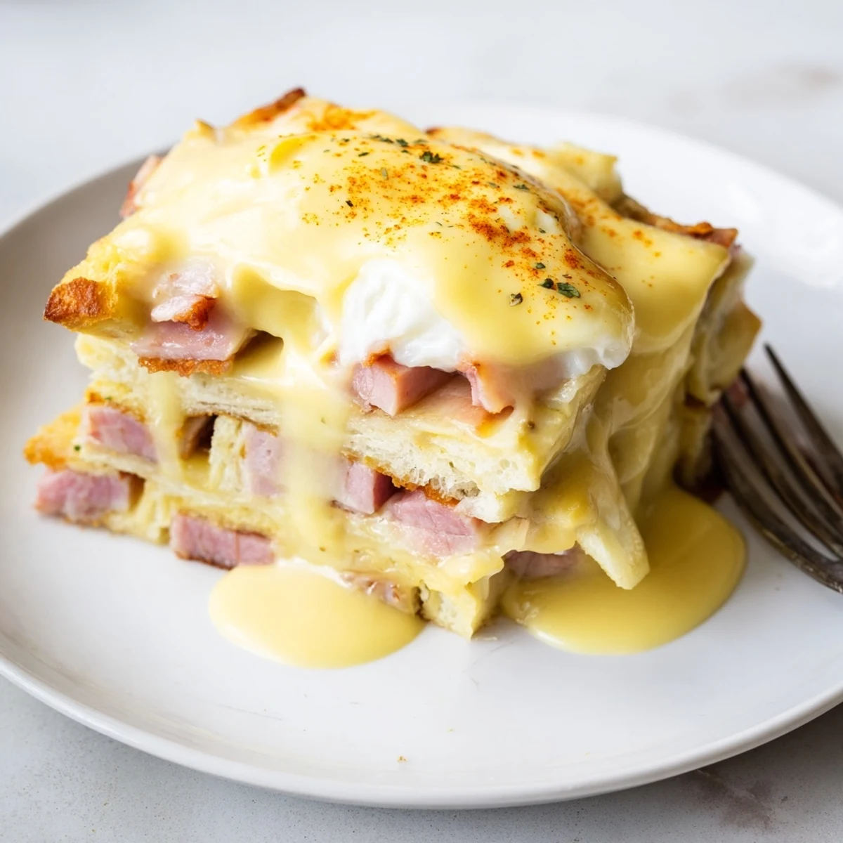 Steaming scoop of Eggs Benedict Casserole with Canadian bacon and rich hollandaise drizzle