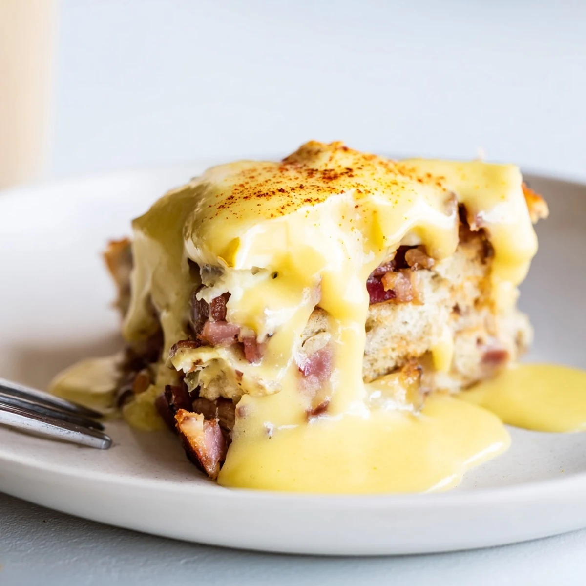 Warm Eggs Benedict Casserole fresh from the oven glistening with buttery yellow hollandaise sauce
