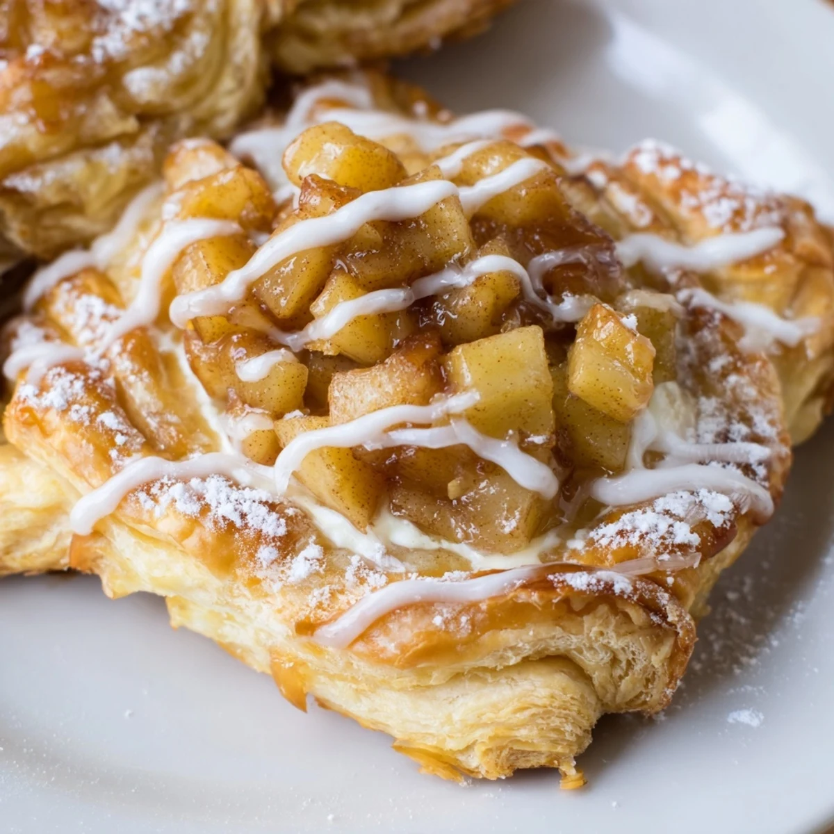 Sweet icing drizzled over homemade apple cheese danishes on a parchment-lined baking sheet