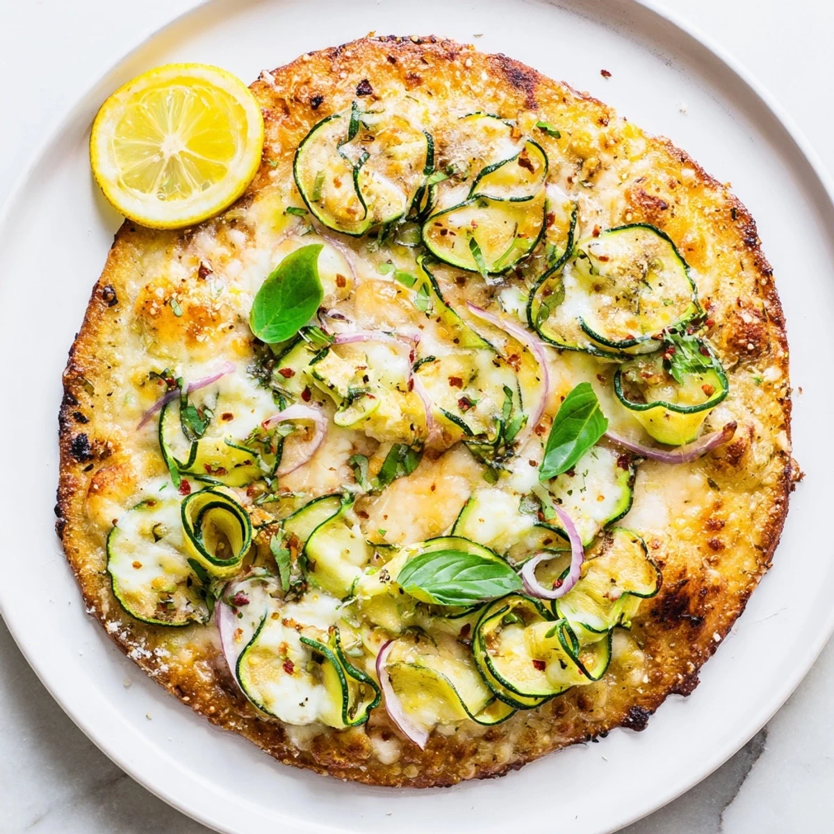 Tangy lemon ricotta spread on a crispy crust with zucchini ribbons and fresh herbs