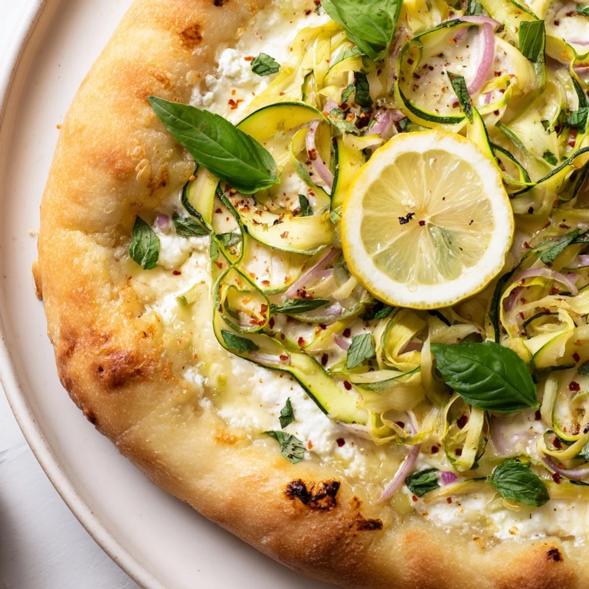 Golden Zesty Summer Lemon Pizza topped with creamy ricotta, fresh basil, and lemon slices