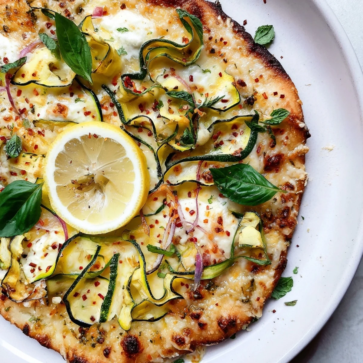 Bright Zesty Summer Lemon Pizza fresh from the oven with bubbling cheese and torn basil