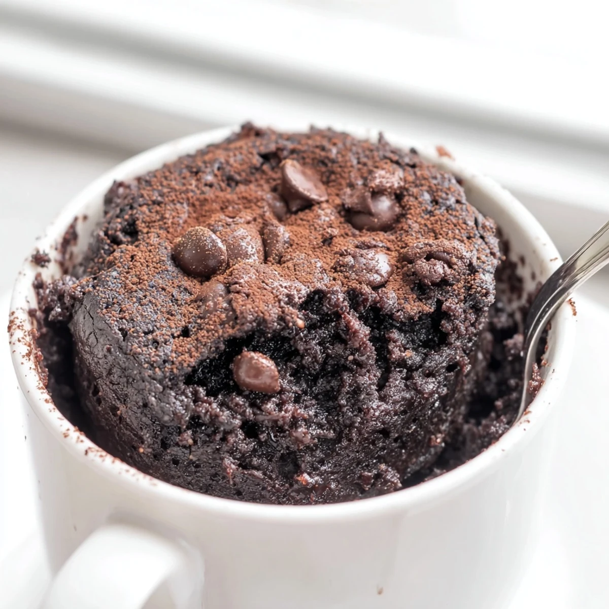 Warm gluten free chocolate mug cake topped with a melting scoop of vanilla ice cream