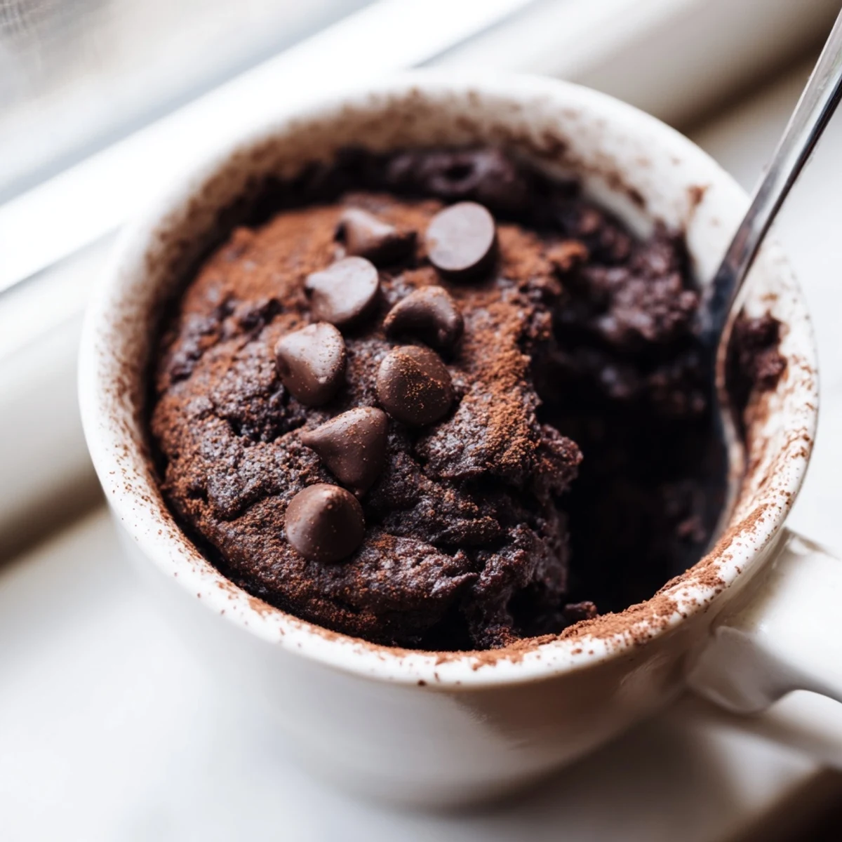 Gooey gluten free chocolate mug cake fresh from the microwave dusted with cocoa powder