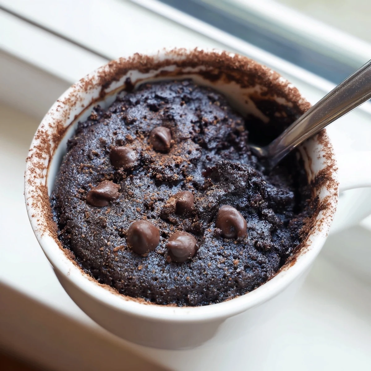 Fudgy gluten free chocolate mug cake in a white ceramic mug with whipped cream