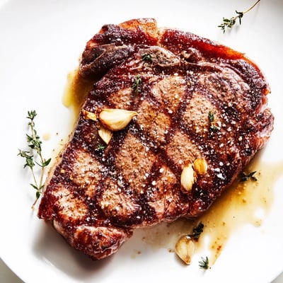 Juicy Pan Seared Ribeye Steak sizzling in a cast-iron skillet, basted with garlic and rosemary butter for a rich aroma.