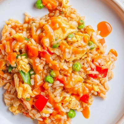 Stir-fried Bang Bang Fried Rice with colorful veggies and creamy sauce drizzled over top.