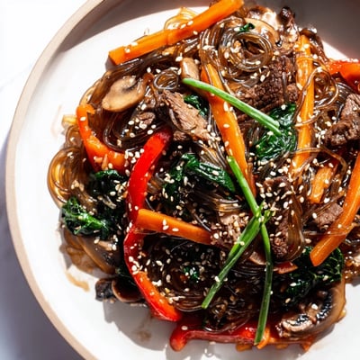 Colorful Korean Beef Noodles served in a bowl with fresh scallions and toasted sesame seeds for garnish.