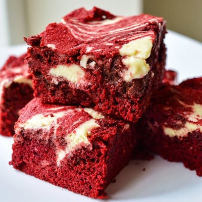 This decadent dessert features fudgy red velvet brownies topped with marbled cheesecake swirls for a rich treat.