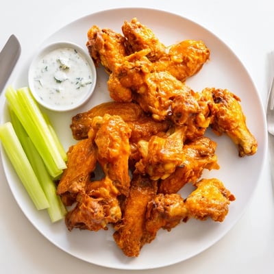 A close-up of smoked buffalo wings tossed in tangy red sauce, showing glistening skin and smoky char from the grill. 