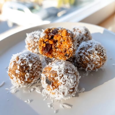 A close-up of no bake carrot cake bites showing grated carrots and walnuts in each ball.  