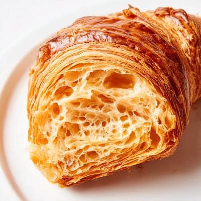 Gluten-free croissants show buttery layers with a light, airy crumb on white plate.