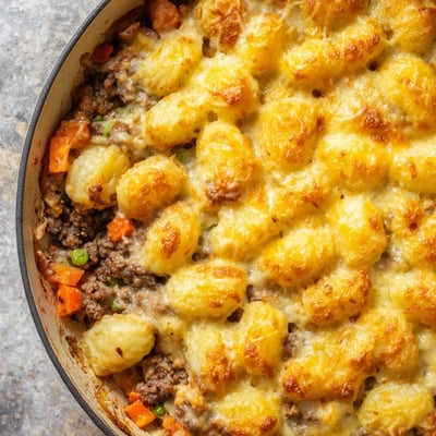 The finished Quick Gnocchi Shepherds Pie served in a cast-iron skillet, with steam rising and a side of fresh green salad for a complete meal.